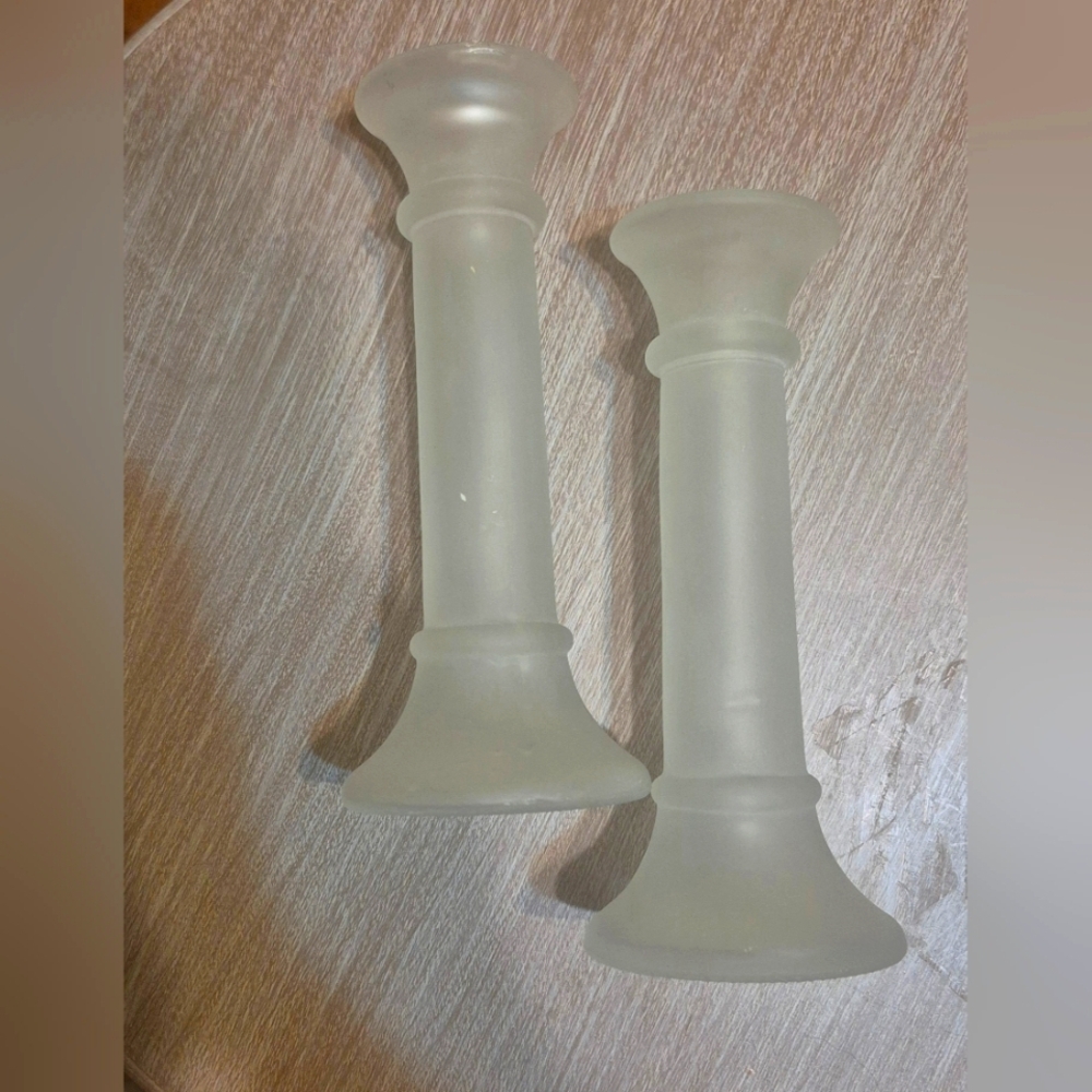 7' Indiana Glass Candlestick Holders Bud Vase Set of 2 Frosted White Base Vntge